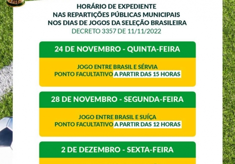 Prefeitura estabelece horário de expediente nos dias de jogos do Brasil na  Copa do Mundo da Fifa 2022 • SiteBarra